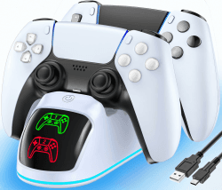 Rysker RGB PS5 Ladestation, 2St. Schnelles PS5 Ladegerät für PS5 Original & Edge Controller, mit LED Anzeigen & 9 RGB Beleuchtung, PS5 Controller Ladestation für PlayStation 5 Zubehör, Weiß PS5 Weiß Angebot bei HelloDeals