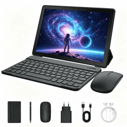 Tablet 10 Zoll Android 16 Tablets PC mit Schutzhülle Tastatur Maus Stift Kopfhörer Netzteil Kabel 20 GB RAM 64 GB ROM IPS 1280x800 Dual-Kamera 5 MP+8 MP 5000 mAh WiFi 6 BT 5.4 (Schwarz) Angebot bei HelloDeals