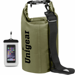 Unigear Dry Bag 2L 5L 10L 20L 30L 40L 55L, wasserdichte Tasche Rucksack SUP | Wasserdichter Beutel, Seesack Packsack mit Handytasche, Waterproof bag für Boot Kajak Angeln Rafting Schwimmen Camping Strand 2L Armee Grün Angebot bei HelloDeals