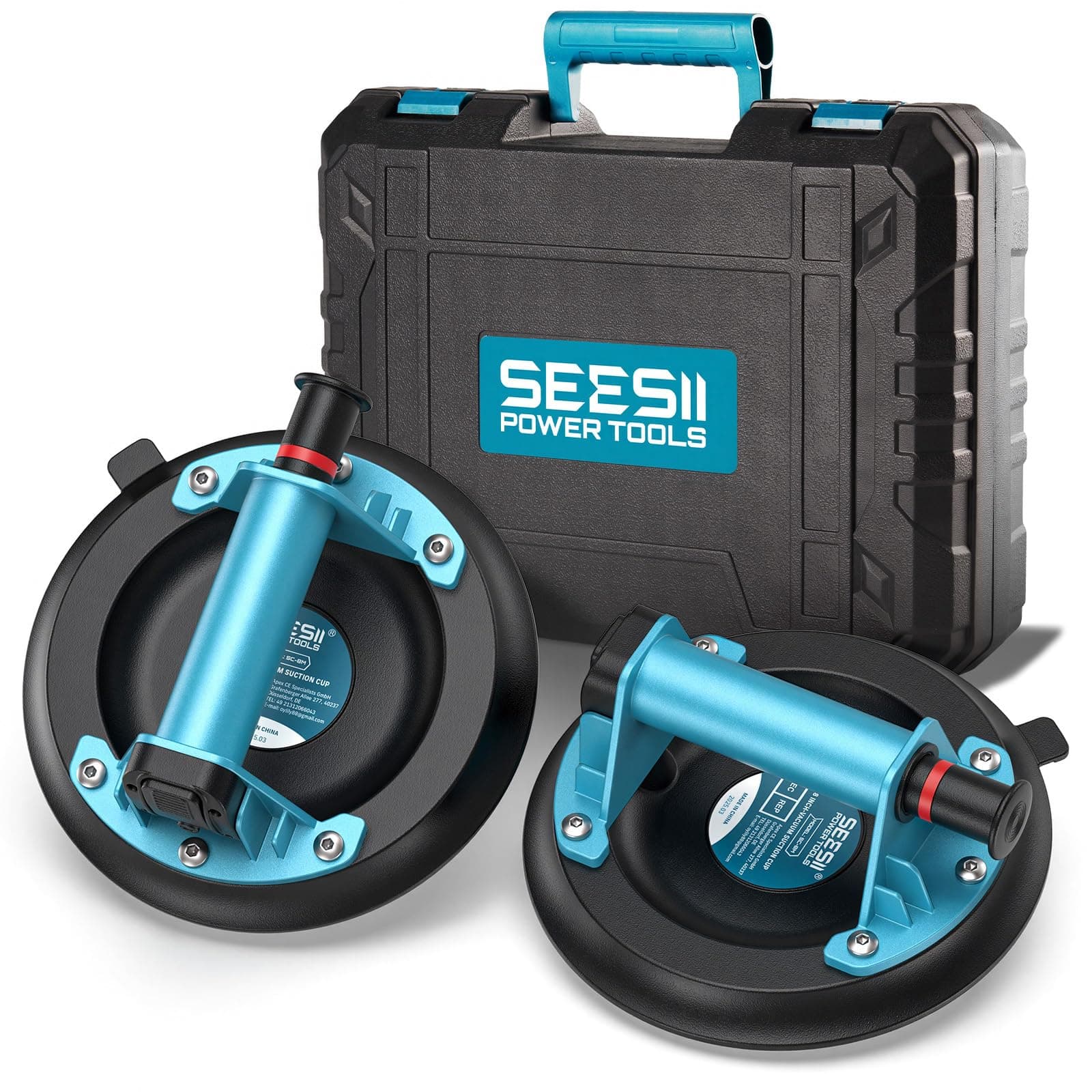 SEESII Vakuum Saugheber Fliesen, 2er-Set 8" Glassauger Tragkraft Max.200KG, Fliesenheber für Glas, Marmor, Laminat & Terrassenplatten, Vakuumheber Glasheber mit Tragbarer Werkzeugkasten Blau Angebot bei HelloDeals
