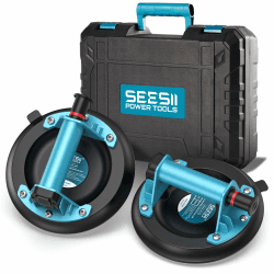 SEESII Vakuum Saugheber Fliesen, 2er-Set 8" Glassauger Tragkraft Max.200KG, Fliesenheber für Glas, Marmor, Laminat & Terrassenplatten, Vakuumheber Glasheber mit Tragbarer Werkzeugkasten Blau Angebot bei HelloDeals