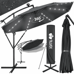 tillvex® Sonnenschirm Solar Ø 300/350 cm + Abdeckung & LED Beleuchtung | Ampelschirm mit Kurbel & Ständer | Gartenschirm Aluminium UV50+ | Alu Kurbelschirm Sonnenschutz Terrasse Garten wasserdicht 350 cm Anthrazit Angebot bei HelloDeals