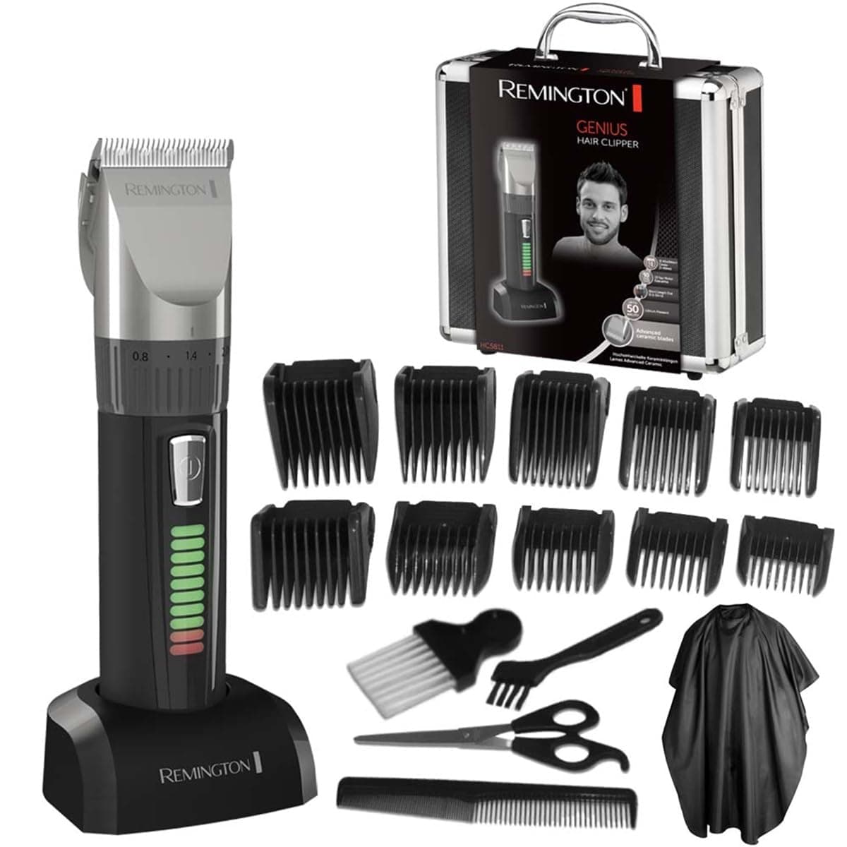 Remington Haarschneidemaschine Profi [selbstschärf. Keramik Klingen/0,8-40mm/Präzisionseinstellung] Haarschneider Set (10 Aufsteckkämme, Netz-/Akkubetrieb, Lithium, Alukoffer, Friseurumhang) HC5811 | Präzisionseinstellung von 0,8–40 mm, Netz- und Akkubetr Angebot bei HelloDeals