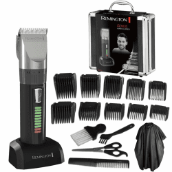 Remington Haarschneidemaschine Profi [selbstschärf. Keramik Klingen/0,8-40mm/Präzisionseinstellung] Haarschneider Set (10 Aufsteckkämme, Netz-/Akkubetrieb, Lithium, Alukoffer, Friseurumhang) HC5811 | Präzisionseinstellung von 0,8–40 mm, Netz- und Akkubetr Angebot bei HelloDeals