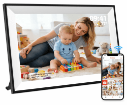 Frameo Digitaler Bilderrahmen WLAN 10,1 Zoll, 1280x800 HD IPS Touchscreen, 32GB Foto Rahmen, Automatische Drehung, Wandmontage Möglich, Fotos Teilen über Frameo APP, Geschenk für Eltern/Freunde, Weiß Schwarz mit weißer Fläche Angebot bei HelloDeals