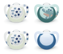 NUK Star Day & Night Babyschnuller | 6-18 Monate | Beruhigt 99 % der Babys | Silikonschnuller | Mit Leuchteffekt für einfaches Finden im Dunkeln | Krokodil | 4 Stück Blau 6-18m Angebot bei HelloDeals
