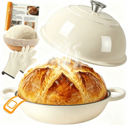 AHJ Gusseisen Topf Brot Backen, 5,7L Brotbacktopf mit Gärkorb & Silikonmatte,Emaille Dutch Oven 26cm für Sauerteig Brot, Bräter Schmortopf für Backen Schmoren & Braten,Geschenk für Brotbäcker (Weiß) Angebot bei HelloDeals