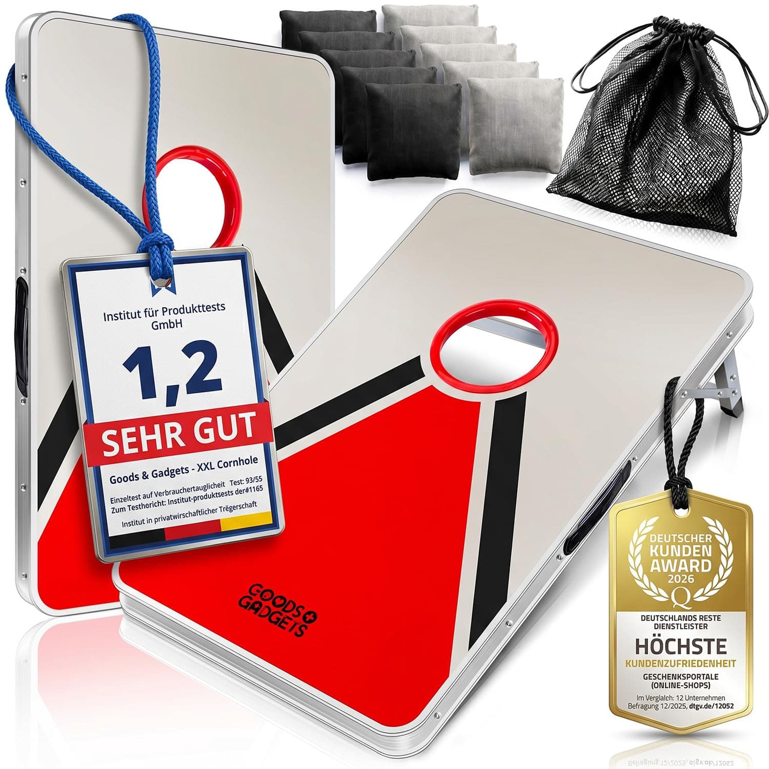GOODS+GADGETS® Alu Cornhole Spiel XXL - Sackloch Wurfspiel Outdoor & Indoor | 10 extra große Sandsäckchen, robuste Spielbretter – 2 Bretter Komplett-Set – Wasserfestes Gartenspiel Kinder & Erwachsene Angebot bei HelloDeals