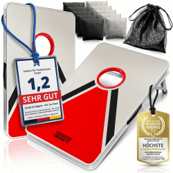 GOODS+GADGETS® Alu Cornhole Spiel XXL - Sackloch Wurfspiel Outdoor & Indoor | 10 extra große Sandsäckchen, robuste Spielbretter – 2 Bretter Komplett-Set – Wasserfestes Gartenspiel Kinder & Erwachsene Angebot bei HelloDeals