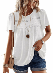 Top Damen Sommer Boho Bluse Kurzarm Oberteile Elegant Rundhals | Swiss Dot T Shirt, Süß Casual Tunika, Lässig Fließend Outfits, Spitze Herbst Kleidung, für Büro und Alltag, Ausgehen Vintage Weiß 3XL Angebot bei HelloDeals