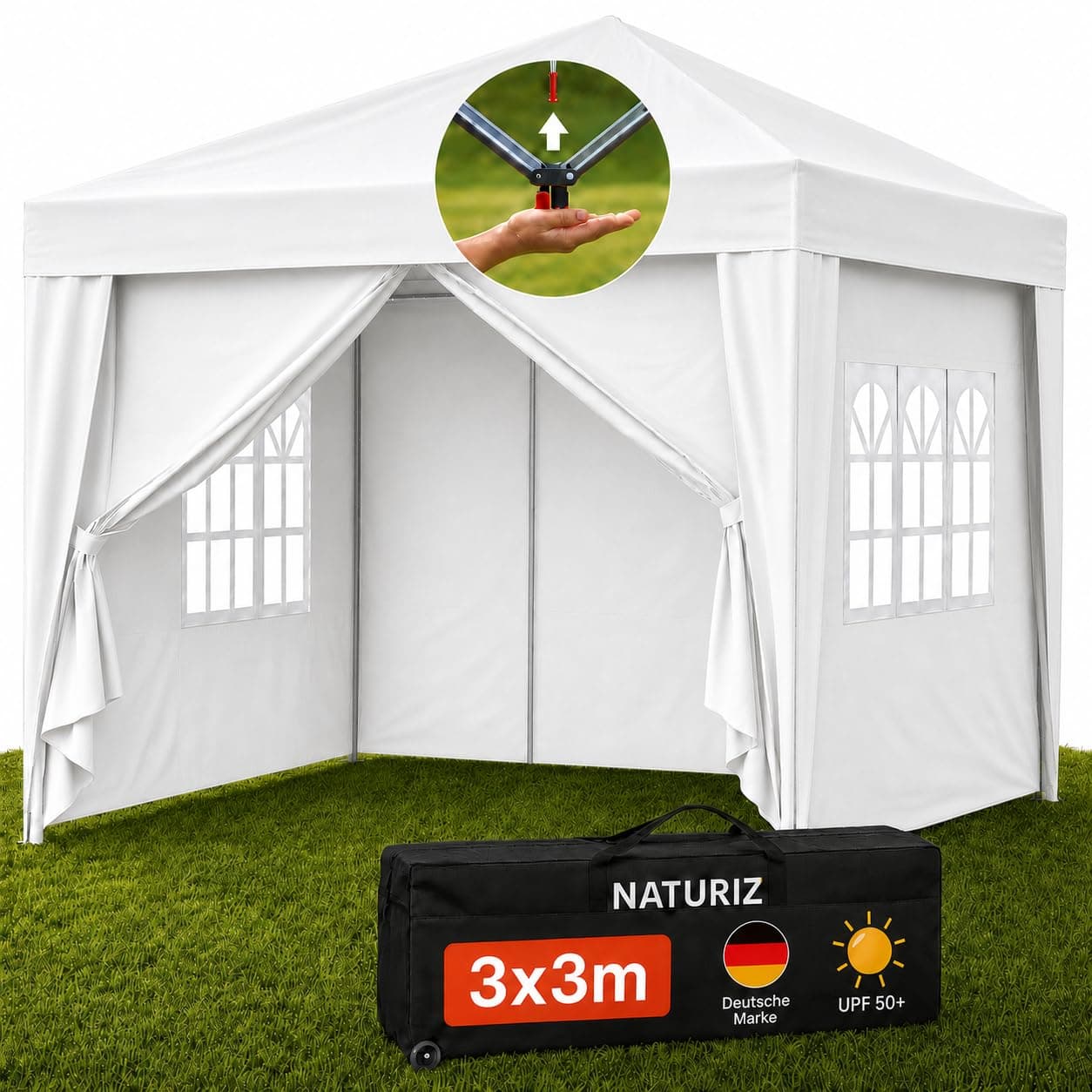 NATURIZ® Pavillon 3x3 Wasserdicht Stabil und UV 50+ Schutz - Faltpavillon mit Seitenwänden - Pop Up Zelt für Garten, Camping, Marktstand & Partyzelt, Gartenpavillon, Gartenzelt, Festzelt (Beige) Beige 3x3m Angebot bei HelloDeals