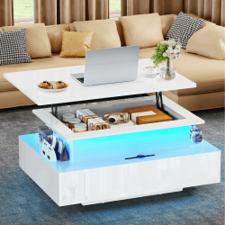 YITAHOME Couchtisch Höhenverstellbar, Wohnzimmertisch Hochglanz mit Hebeplatte,Couch Tisch Wohnzimmer mit 16-Farbiger LED Modern and 2 Schubladen Weiß Angebot bei HelloDeals