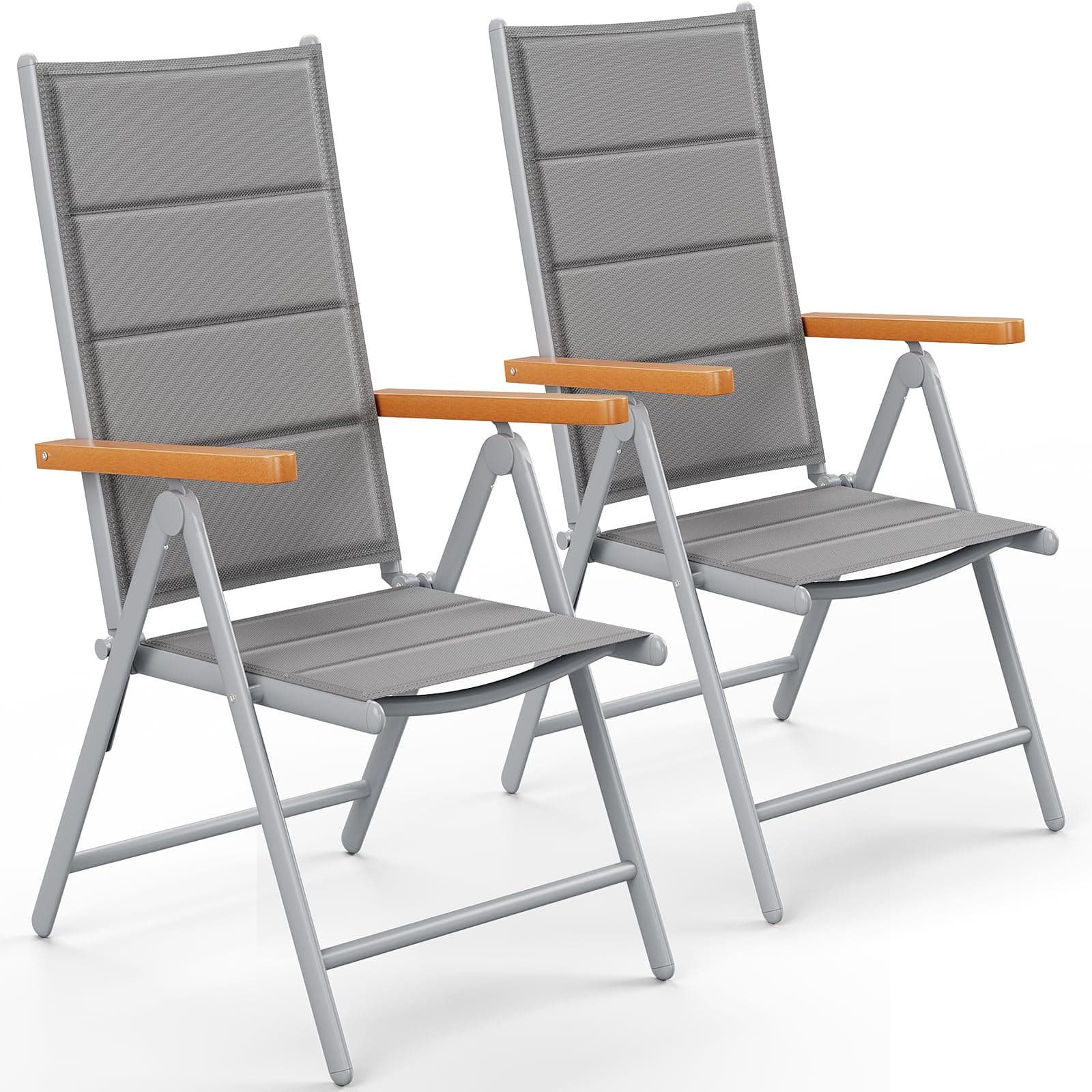 LIFERUN Gartenstühl Hochlehner Klappbar, 2er Set Aluminium Balkonstuhl, WPC Armlehnen, mit Gesteppte Rückenlehne & Sitzfläche,7-Fach Verstellbar,Bis 120 kg, Outdoor Esszimmerstuhl, Silbergrau, 2 PCS | Alu, 7-Fach Verstellbar, Bis 120 kg, Kissen Rückenlehn Angebot bei HelloDeals