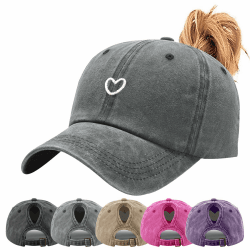 Tiakay Pferdeschwanz Baseball Cap mit Herzförmiges Stickmuster Damen Verstellbare Baseballkappe Vintage Mützen Sonnenschutz Basecap Mit Zopf Loch Verstellbarer Sonnenhut Camping-Wanderhut B_Grau Angebot bei HelloDeals