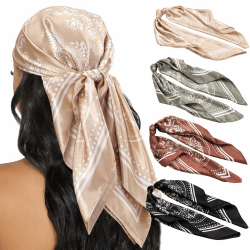 HBselect 4er Set große Kopftücher für Damen Sommer, Bandana Damen 90×90 cm | große quadratische Schals, Seidentuch Damen, vielseitiger Haarschmuck, Haartuch, Halstuch, Accessoires für Festival-Outfits Schwarz, Hellgrün, Braun, Khaki Angebot bei HelloDeals