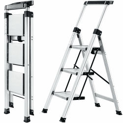 XinSunho Trittleiter 3 Stufen klappbar, Aluleiter mit Handlauf ausziehbar | Abnehmbare Werkzeugablage, Aluminiumleiter bis 150 kg, breite Trittfläche, sicherer Stand für Küche, Schrank, Haushalt Silber 3 stufen Angebot bei HelloDeals