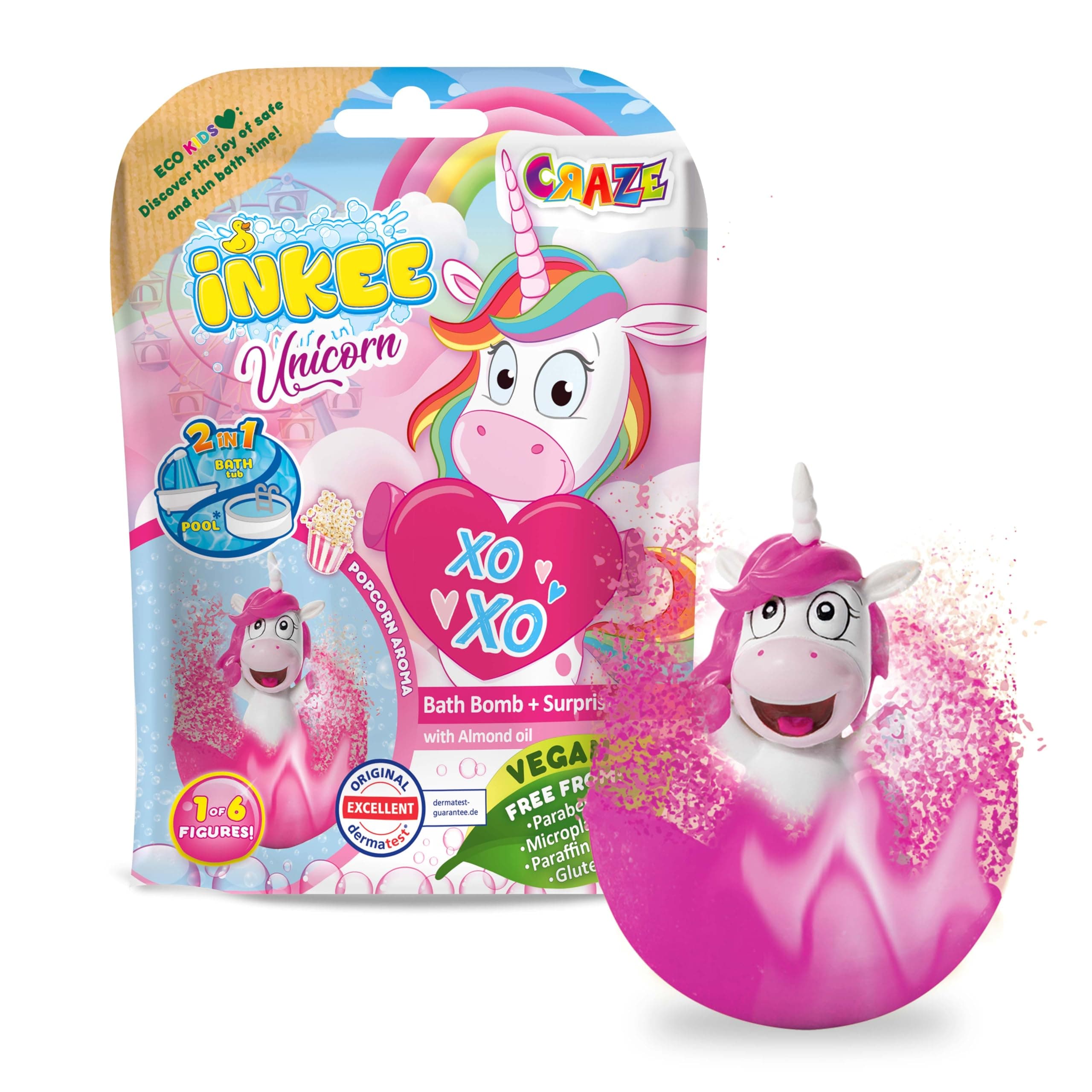 INKEE UNICORN | Badebombe Kinder mit Überraschung, Badekugel 100g mit Einhornfiguren, Pop-corn Duft Popcorn 1 stück (1er Pack) Angebot bei HelloDeals