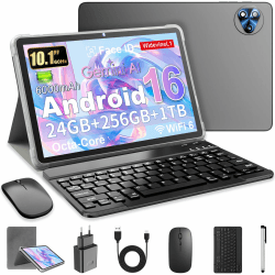 Android 16 Tablet 10 Zoll mit Gemini AI, Tablet mit Tastatur, Maus & Stylus, Octa-Core, 24 GB RAM + 256 GB ROM + 1 TB TF, 1920x1200 HD Display, 8MP + 13MP Kamera, 6000 mAh (Grau Hülle) Angebot bei HelloDeals