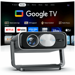 Smart Beamer mit Google TV Stick【Auto-Objektivabdeckung, 2500ANSI】 Beamer 4K Heimkino mit Autofokus & 6D Trapezkorrektur, Full HD 1080P, WiFi6, 360° Drehbarer Tragbarer Projektor mit APP für Outdoor Schwarz und Grau Standard Angebot bei HelloDeals