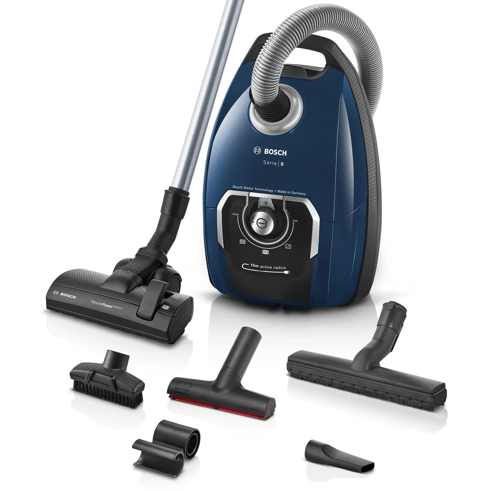 Bosch Staubsauger mit Beutel Serie 8 BGB75X494, Bodenstaubsauger, ideal für Allergiker, Hygiene-Filter, Bodendüse für Parkett, Teppich, Fliesen, langes Kabel, leise, 650 W, blau Angebot bei HelloDeals