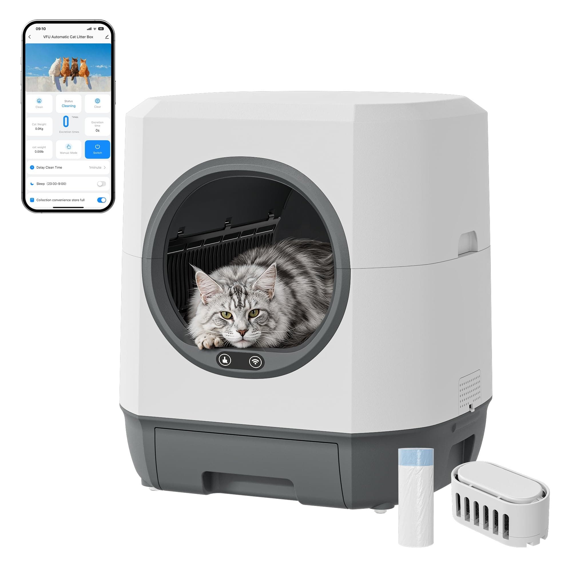 Katzenklo Selbstreinigend 90L, Katzentoilette für Mehrkatzenfamilien | Automatisches Katzenklo App-Steuerung, Geruchsbeseitigung, Mehrfachsicherheit, Großer Raum, Sicherheit, für den Innenbereich Angebot bei HelloDeals