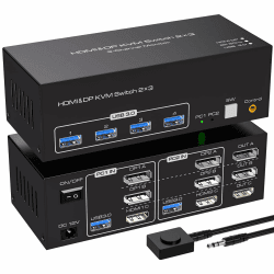 VPFET 8K60Hz KVM Switch 2 PC 3 Monitore 2 Displayport HDMI Triple Monitor | 4K144Hz KVM Switches für 2 Computers Share 3 Monitore mit 4 USB 3.0 Ports Inklusive 2 USB 3.0 Kabeln und Externer Steuerung Jet Black 3M Angebot bei HelloDeals
