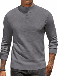 COOFANDY Pullover Herren Henley Pullover Stehkragen Strickpullover Langarm Henley Shirt Männer Sweater mit Knopfleiste Grau L Angebot bei HelloDeals