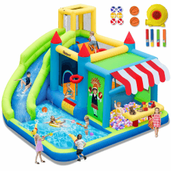 FBSPORT hüpfburg Outdoor mit gebläse hüpfburgen Kinder aufblasbare hüpfburg draußen XXL Outdoor für Erwachsene groß hüpfburg mit rutsche geeignet für Kinder Cyan 424 x 388 x 238 CM Angebot bei HelloDeals