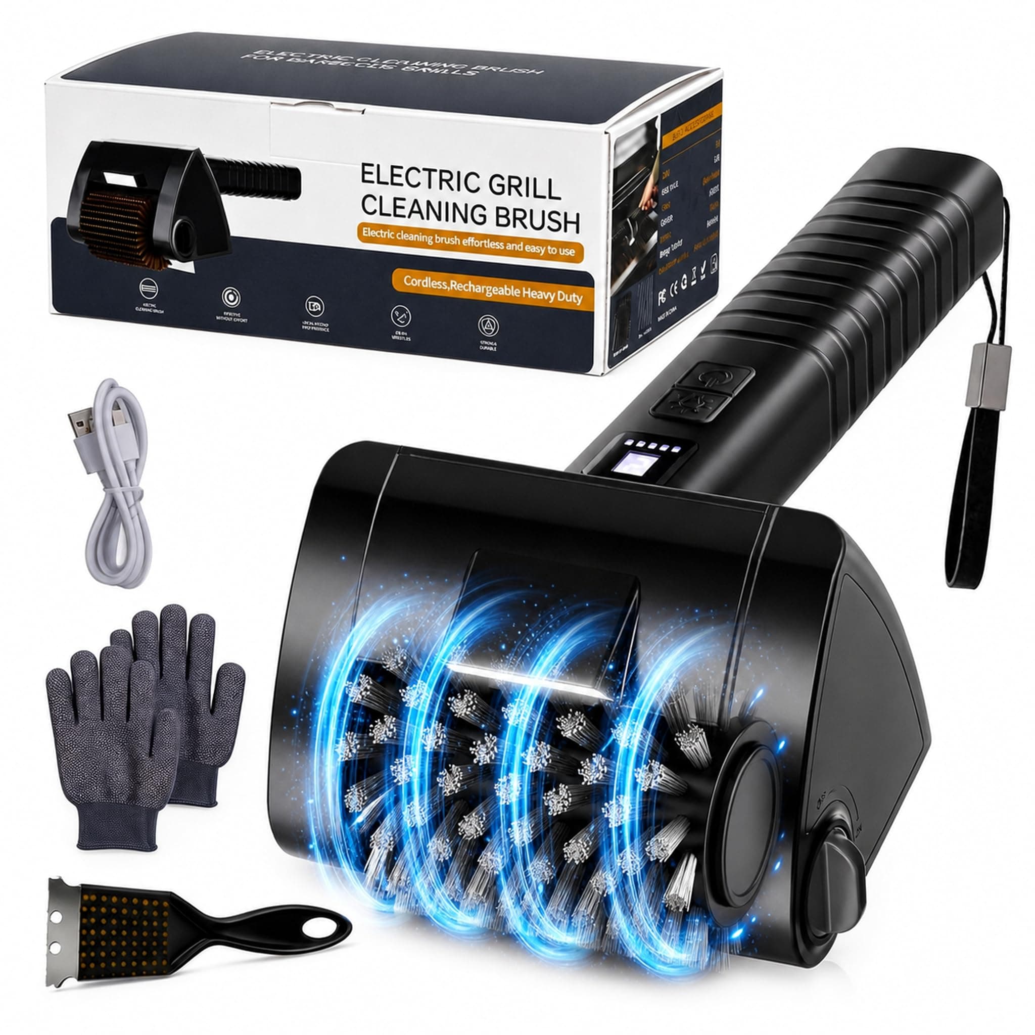 Elektrische Grillbürste Kabellos 4000mAh Akku 304 Edelstahl für Grillrost | Reinigungsbürste mit 2-Stufen Reinigung, 90 Min Laufzeit, LED-Licht, Wasserdicht und BBQ-Grillbürste für Männer Schwarz Mittel Angebot bei HelloDeals