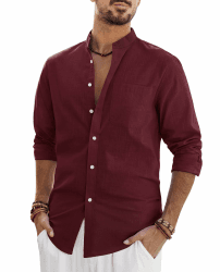 J.VER Leinenhemd Herren Hemd Langarm Stehkragen Leinenshirt Baumwolle Atmungsaktiv Regular Fit Freizeithemden Casual Sommer Strand Leinen Shirt mit Tasche Bordeauxrot XL Angebot bei HelloDeals