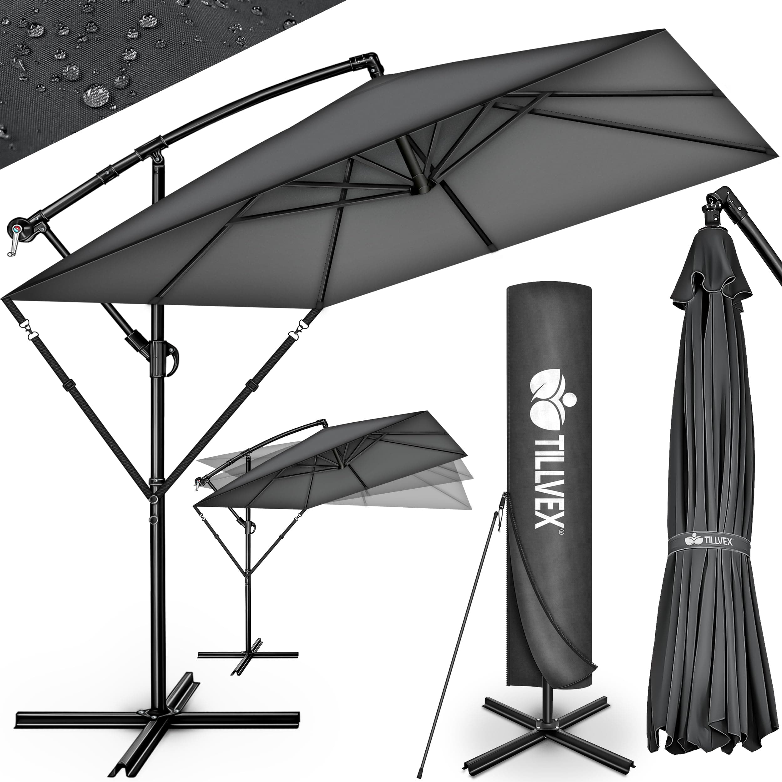 tillvex® Sonnenschirm Rechteckig Ø 330 cm + Abdeckung, Kurbel & Windschutz | Ampelschirm Aluminium Eckig mit Ständer | Alu Gartenschirm UV-Schutz | Kurbelschirm wasserdicht, 360° drehbar Terrasse Garten Anthrazit - ohne LED Angebot bei HelloDeals