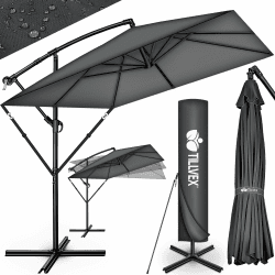 tillvex® Sonnenschirm Rechteckig Ø 330 cm + Abdeckung, Kurbel & Windschutz | Ampelschirm Aluminium Eckig mit Ständer | Alu Gartenschirm UV-Schutz | Kurbelschirm wasserdicht, 360° drehbar Terrasse Garten Anthrazit - ohne LED Angebot bei HelloDeals