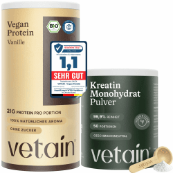 VETAIN Vegan Protein Vanille (540g) + Creatin Monohydrat (250g) – Bio Protein Pulver – 4 Proteinquellen fermentiert Erbsen – Ohne Sucralose – produziert & laborgeprüft in Deutschland - NEUE REZEPTUR Vanille & Kreatin Angebot bei HelloDeals