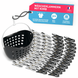 culiclean Wäscheklammern mit Korb, 48x + 1 Korb, schwarz-Weiss | Klammerkorb und Wäscheklammer Blume, stabile Kluppen mit Softgrip, 80 mm, windfest, UV-beständig, BPA-frei, Made in France Angebot bei HelloDeals