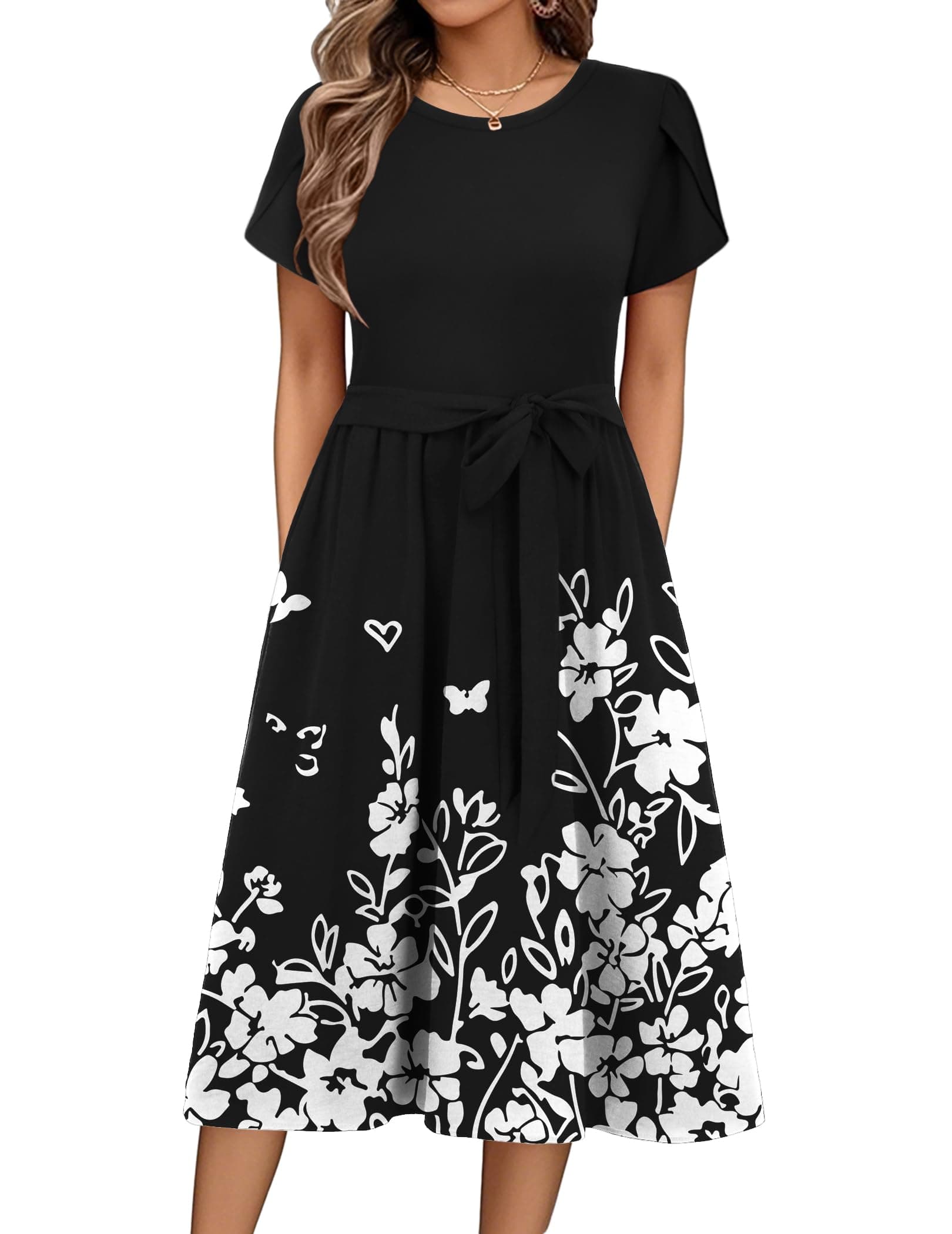 Zeagoo Sommerkleid Damen Elegant Midikleid A-Linie Strandkleid mit Taschen | Kleid Damen | Rundhals Kleider | Freizeitkleid | Kurzarm Kleider | Lässig Blumenkleid | mit Taschen S-2XL XL Floral G Angebot bei HelloDeals
