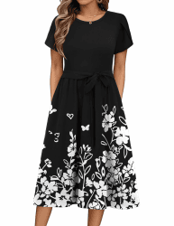 Zeagoo Sommerkleid Damen Elegant Midikleid A-Linie Strandkleid mit Taschen | Kleid Damen | Rundhals Kleider | Freizeitkleid | Kurzarm Kleider | Lässig Blumenkleid | mit Taschen S-2XL XL Floral G Angebot bei HelloDeals