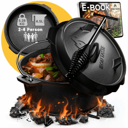 Dutch Oven Set 4.5L - Eingebrannter Dutch Oven 4.5 Liter - Feuertopf Gusseiserner Topf mit praktischem Deckelheber & Edelstahl Untersetzer [für 2-4 Personen] Ohne Füße 4.5 Liter Angebot bei HelloDeals