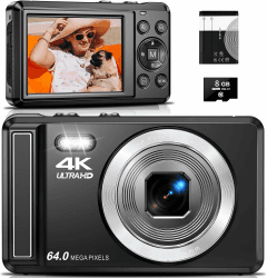 Digitalkamera 4K 64MP, 2.8 Zoll UHD Autofokus Kamera fotokamera | Micro-SD-Karte & Akku,16X Digitalzoom Wiederaufladbare Tragbare Kompaktkameras mit für Anfänger Jugendliche Schwarz Full-Size Angebot bei HelloDeals