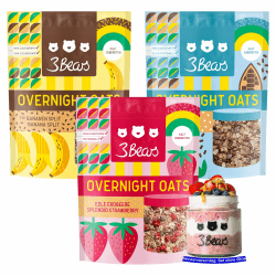 3Bears Overnight Oats Probier-Set 3x400g - Proteinquelle mit Vollkorn-Hafer in den Sorten: Edle Erdbeere, Bananen Split & Koko Kakao - veganes Frühstück ohne Industriezucker - schnelles Meal Prep Overnight Oats-Set Angebot bei HelloDeals