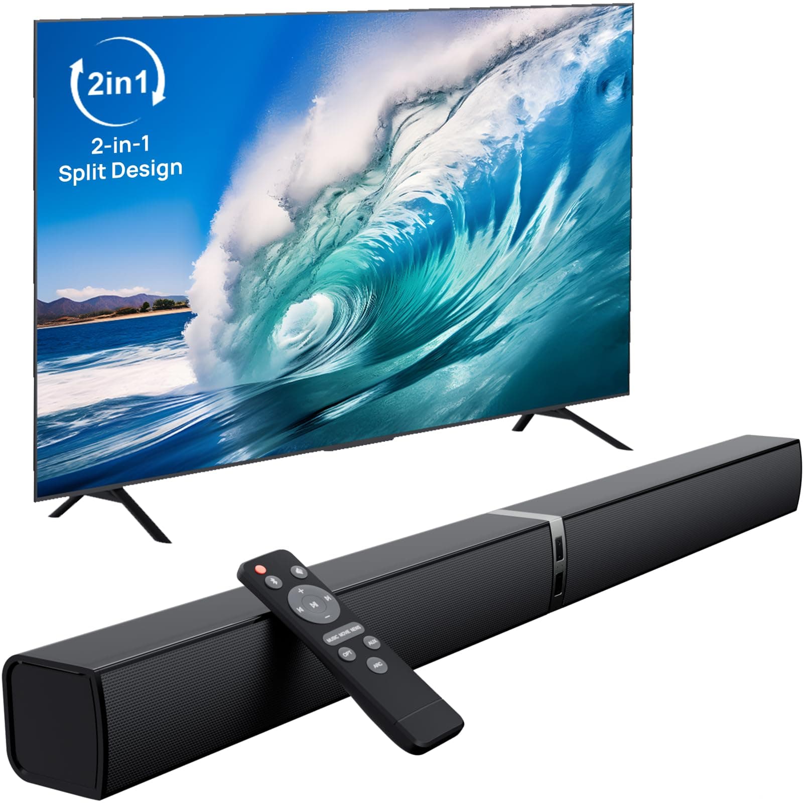 32 Zoll Teilbare 2-in-1-Soundbar für TV Geräte, 2.0 Kanal Soundbar, Lautsprecher Systeme mit 3 EQ-Modi und 3D-Surround-Sound, TV Lautsprecher Bluetooth 5.3, ARC/Optical/AUX Schwarz Angebot bei HelloDeals