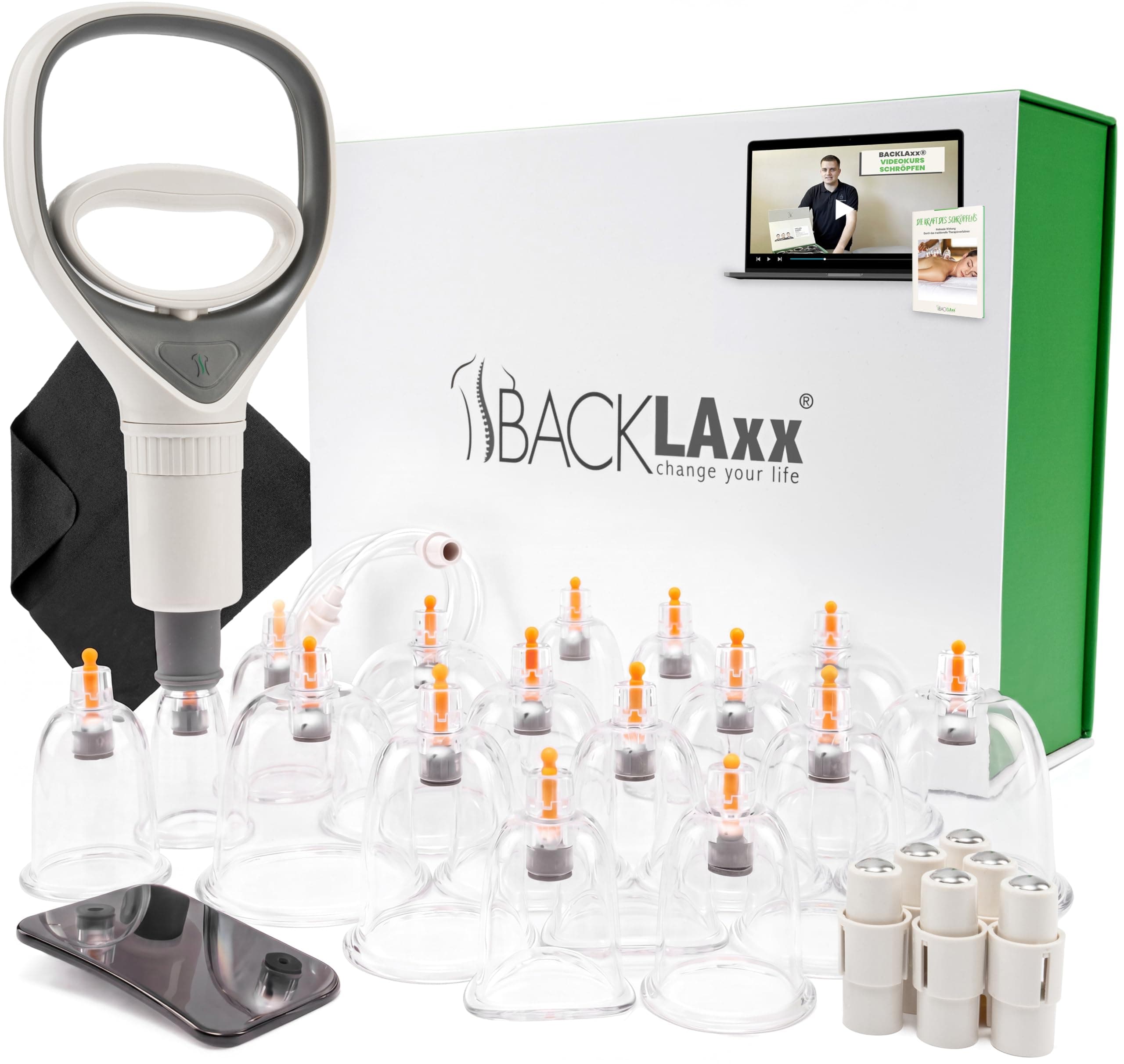 BACKLAXX® Schröpfgläser Schröpfset 16 Stk mit Vakuumpumpe, Cupping Set | Schröpfen Set: 16 bruchsichere Schröpfgläser, 6 Therapiemagnete, Pumpe, Schlauch & Faszienschaber, Videokurs & eBook Angebot bei HelloDeals