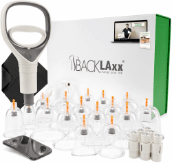 BACKLAXX® Schröpfgläser Schröpfset 16 Stk mit Vakuumpumpe, Cupping Set | Schröpfen Set: 16 bruchsichere Schröpfgläser, 6 Therapiemagnete, Pumpe, Schlauch & Faszienschaber, Videokurs & eBook Angebot bei HelloDeals