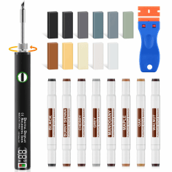 Vinylboden Reparaturset, Laminat Parkett Reparatur Grau Vinyl Holzkitt 11 Wachsblöcke 8 Doppelspitzen Marker Upgrade USB Heizstift für Möbeln Holzböden Repariert Kratzer,Risse,Löcher,Dellen Angebot bei HelloDeals