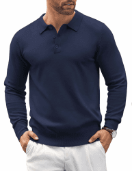COOFANDY Herren Polo Pullover Langarm Strickpullover Mit Polokragen Basic Poloshirt Pulli Einfarbig Sweater Marineblau L Angebot bei HelloDeals