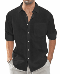 J.VER Leinenhemd Herren Langarm Leichtes Sommerhemd Einfarbig Business Freizeithemd Party Club Reisen Alltägliche Leinen Shirt mit Taschen M Schwarz Angebot bei HelloDeals