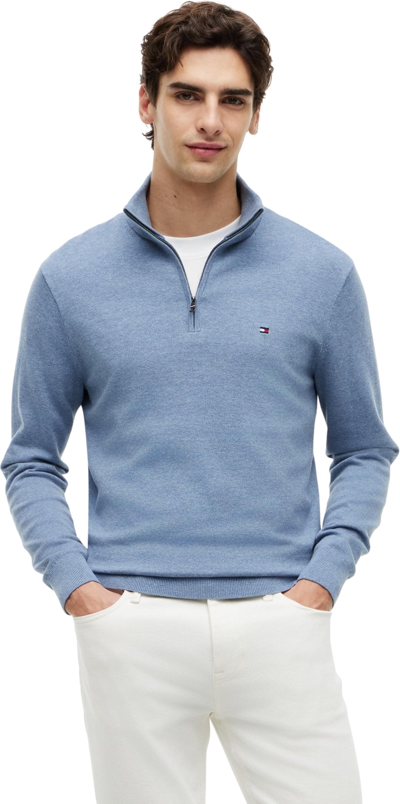 Tommy Hilfiger Herren Pullover mit Reißverschluss Mock Neck Halbzip L Blue (Brisk Blue Heather) Angebot bei HelloDeals