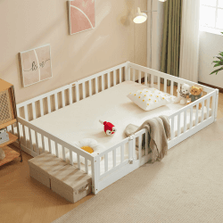 LALAHO 2-in-1 Bodenbett Montessori-Kinderbett mit Türrahmen （weiß）140×200cm | Herausfallschutz & Lattenrost, Gitterbett – Kinder-Jugendbett Einzelbett – bis zu 300 kg Tragfähigkeit Weiß 140×200 cm Angebot bei HelloDeals