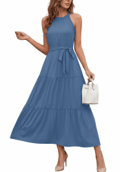 AUSELILY Damen Sommerkleid Lang Neckholder Maxikleid Mit Taschen und Gürtel | Strandkleid Ärmellos Elegant Kleid Damen Sommer Rüschen Freizeit Leicht luftig Figurbetont Kombinierbar Abendkleid L Blue Bay Angebot bei HelloDeals