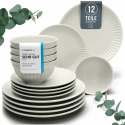 Steingut Geschirrset 4 Personen Hygge 12 tlg. TESTSIEGER, Traumhaftes Skandinavisches Steingut Geschirr Set, Schüssel- und Teller Set, Tafelservice 4 Personen, Geschirrsets Pure Living in Beige Beige 12 Teile Set Angebot bei HelloDeals