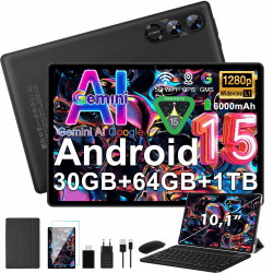 fezawio Tablet 10,1 Zoll Android 15 Gemini AI 30GB RAM +64GB ROM,Schwarz | Tablet mit Maus, Tastatur und Schutzhülle, Octa-Core, 6000mAh, WiFi6, Widevine L1, GMS, 3,5mm Audio, GPS, Face ID Angebot bei HelloDeals